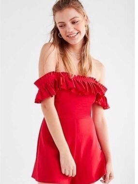 Urban Outfitters Red Off-Shoulder Ruffle Romper